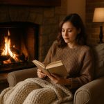 Kvinne sitter i godstol ved peisen og leser bok.